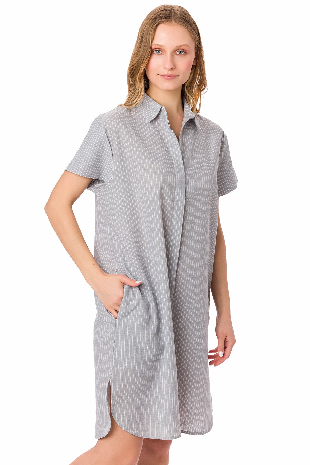 Suvi NYC Women's Striped Boyfriend Dress Button-Up Dress Tunic Style Side Pockets
