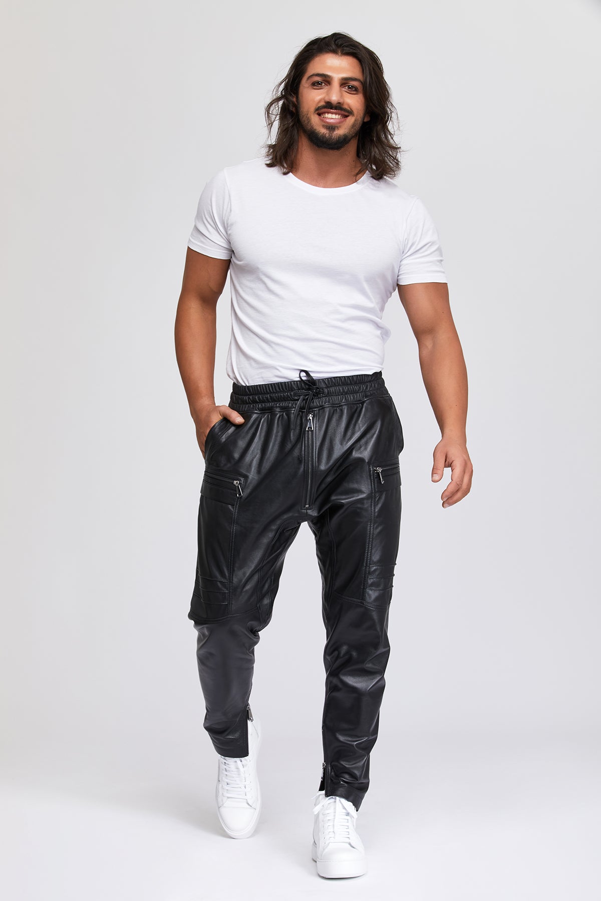Men's loose fit Leather Pants. 100% High-End Quality Turkish Leather. Lambskin. Cold Weather Essentials. Elastic waistband. Side pockets.